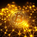 Złota moneta z symbolem Bitcoina otoczona świecącą, żółtą siecią połączeń na ciemnym tle.