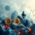 Dwa złote monety Bitcoin leżą na kamieniach, obok niebieskiego symbolu Ethereum. Za nimi widać wykresy cenowe i chmury na niebie.