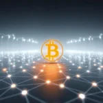 Złote logo Bitcoina unoszące się nad siecią połączonych punktów emitujących światło.